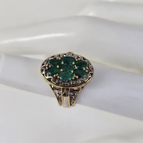 Sterling Silver 925 Intricate Green and Gold Ring with Emerald Cluster - Picture 6 of 7